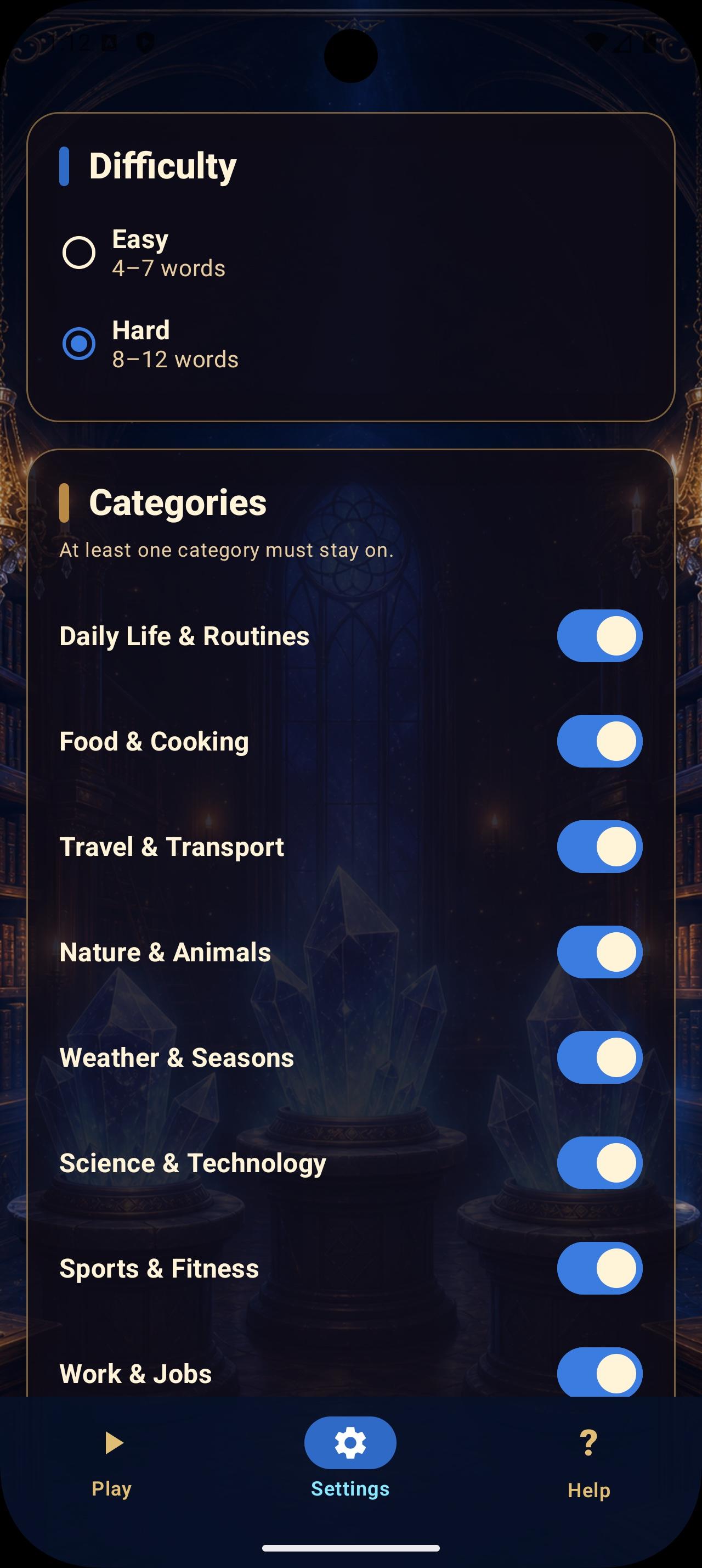 Scrambly settings screen with difficulty and category toggles