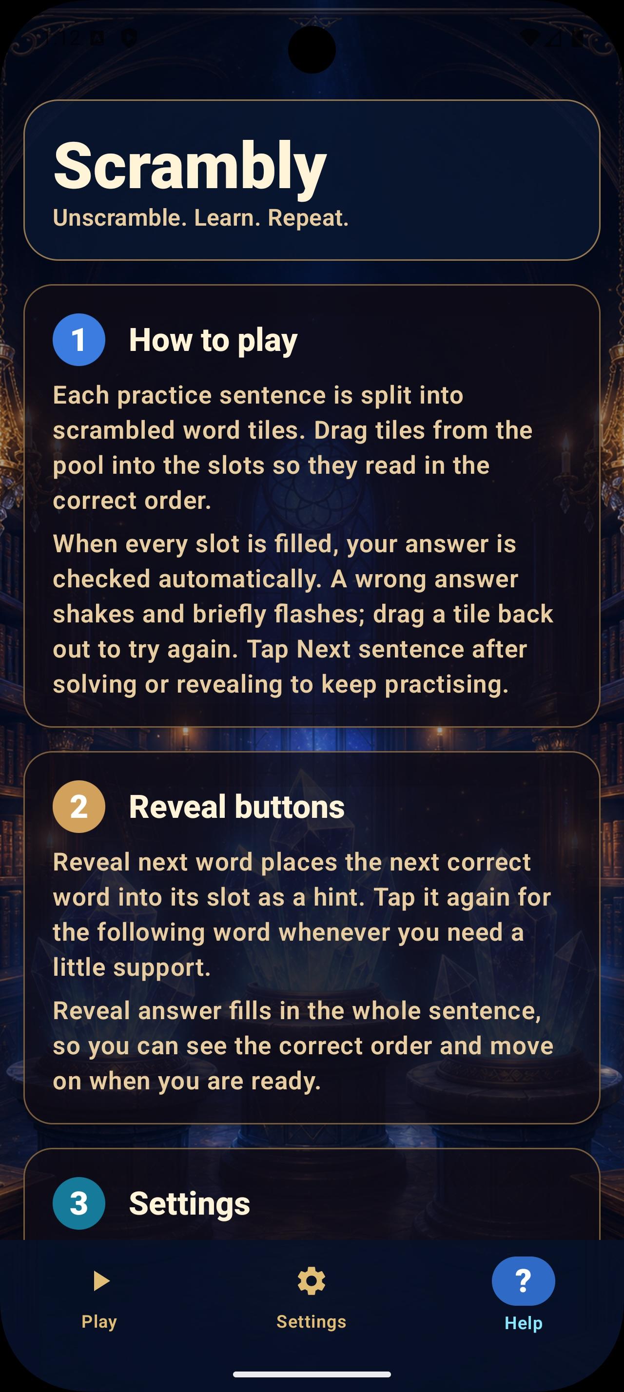 Scrambly help screen with gameplay instructions