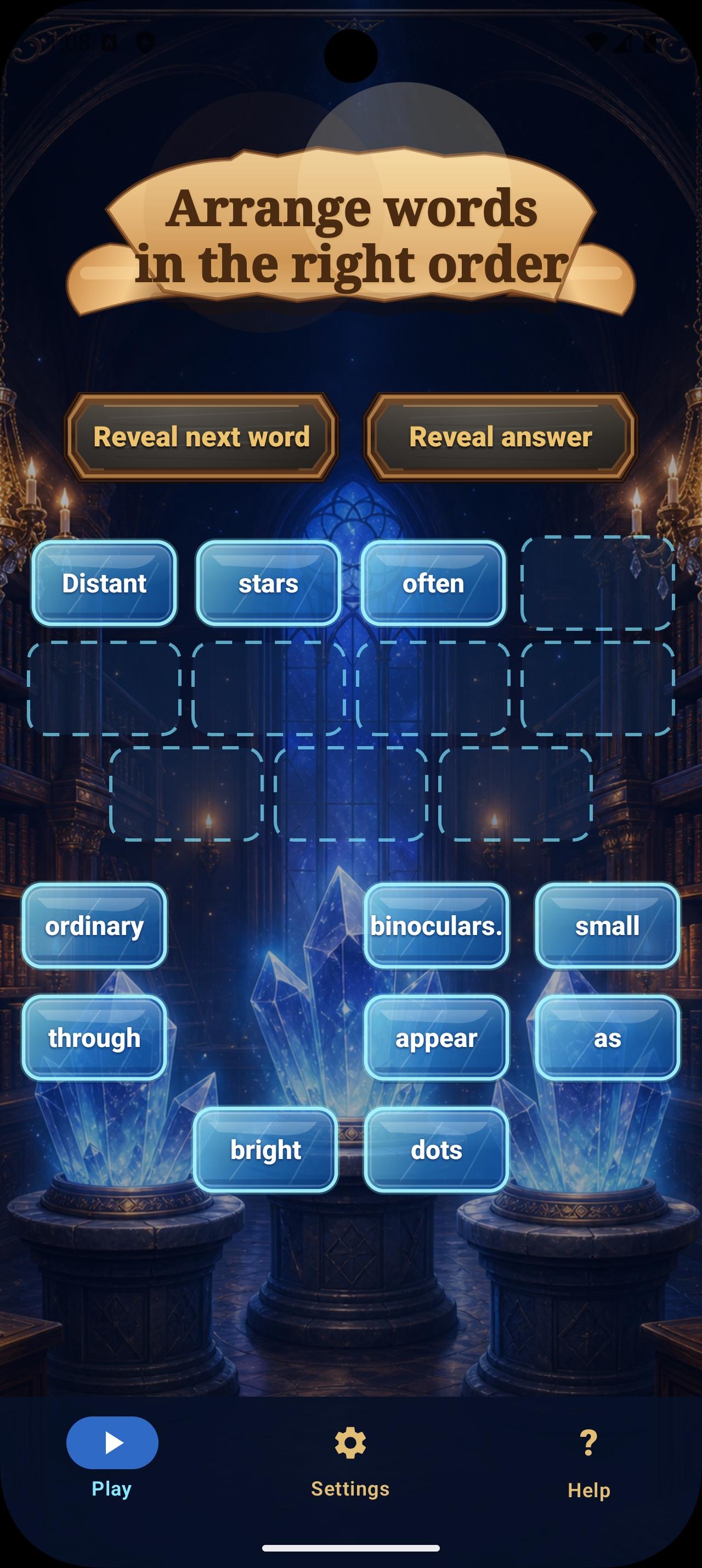 Scrambly round with three tiles placed into answer slots
