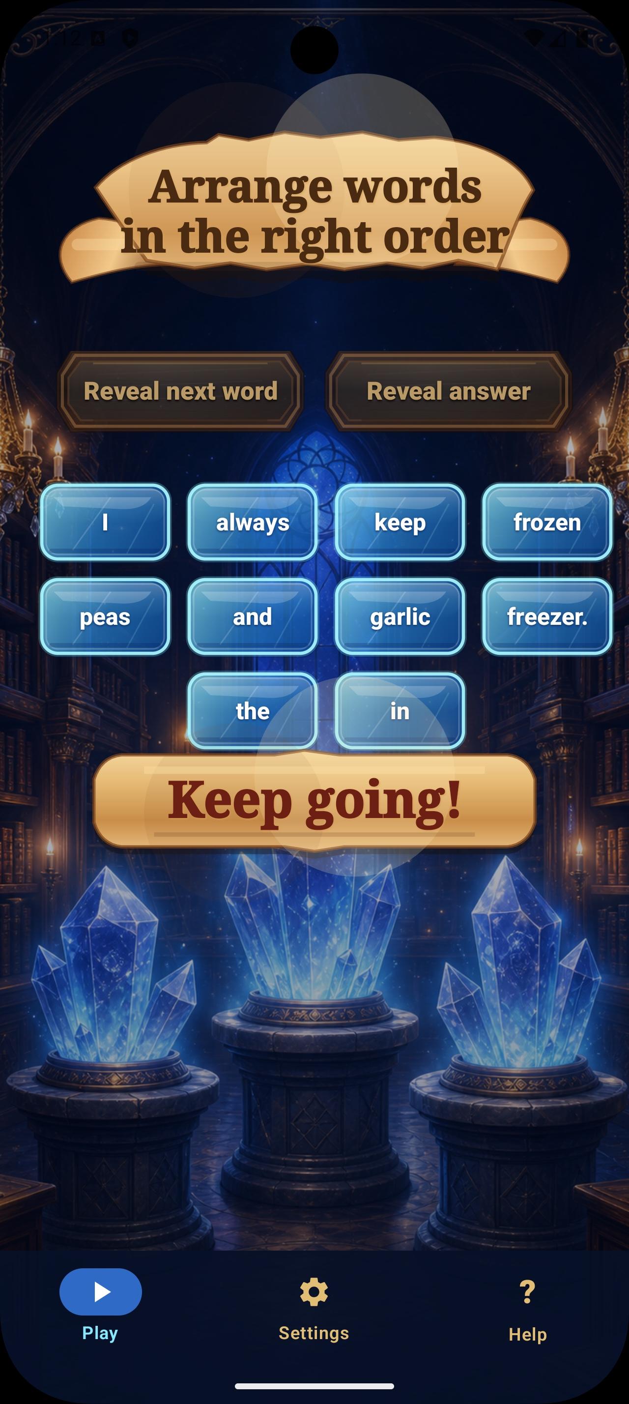 Scrambly revealed answer with a keep going message